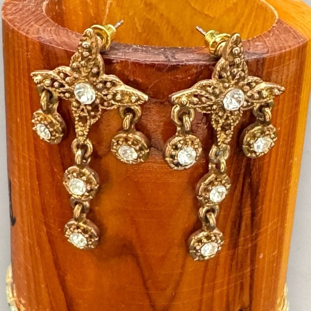 Vintage Gold Ornate Rhinestone Dangle Earrings – Baroque Statement Drop